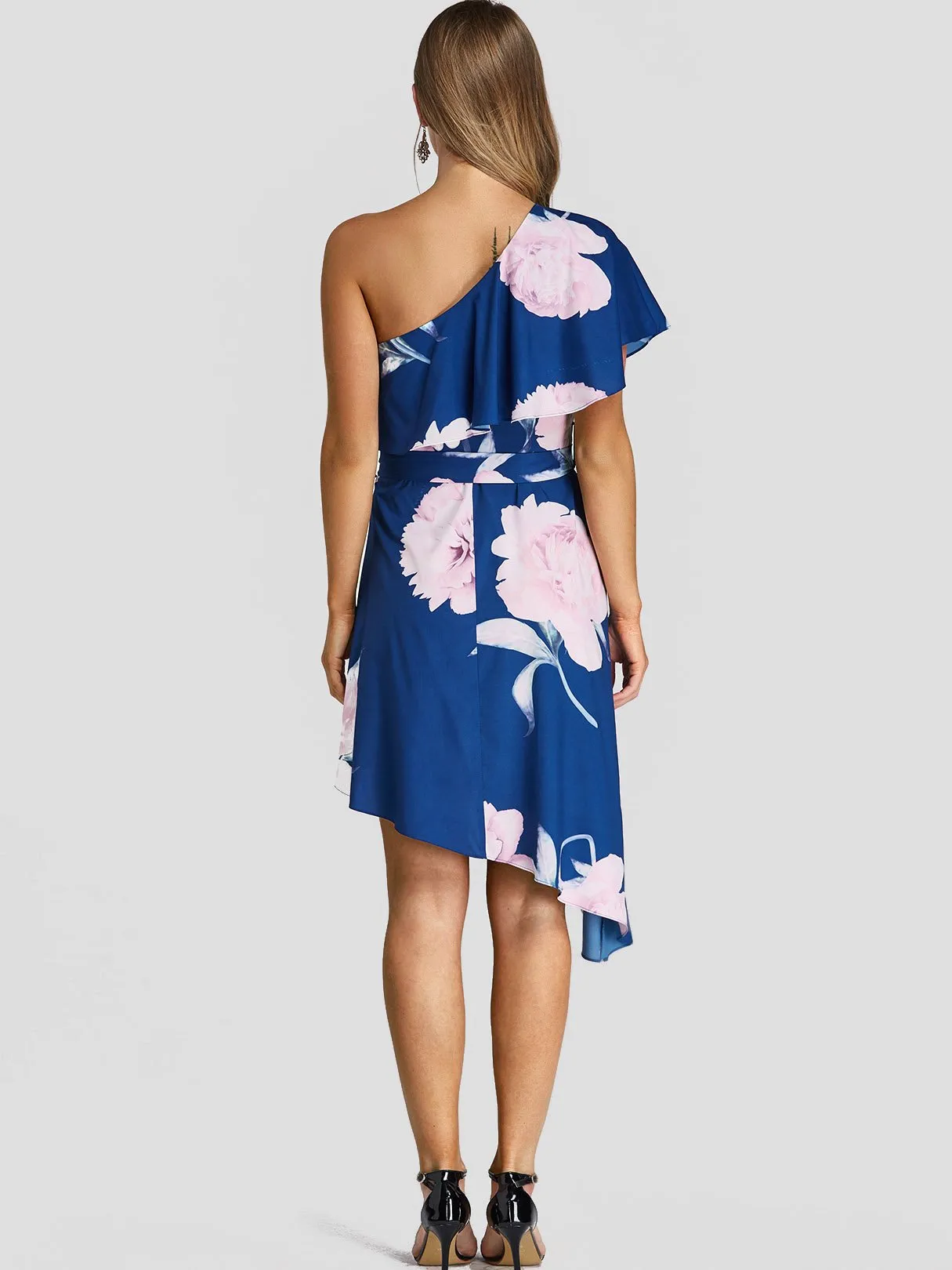 Wholesale Navy One Shoulder Floral Print Tiered Belt Irregular Hem Dresses