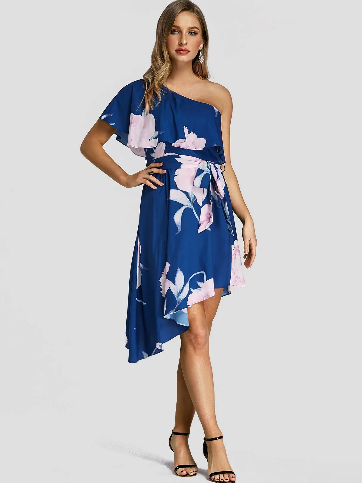 Wholesale Navy One Shoulder Floral Print Tiered Belt Irregular Hem Dresses