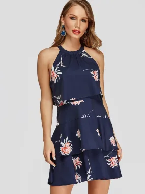 Wholesale Navy Round Neck Sleeveless Floral Print Tiered Backless Dresses