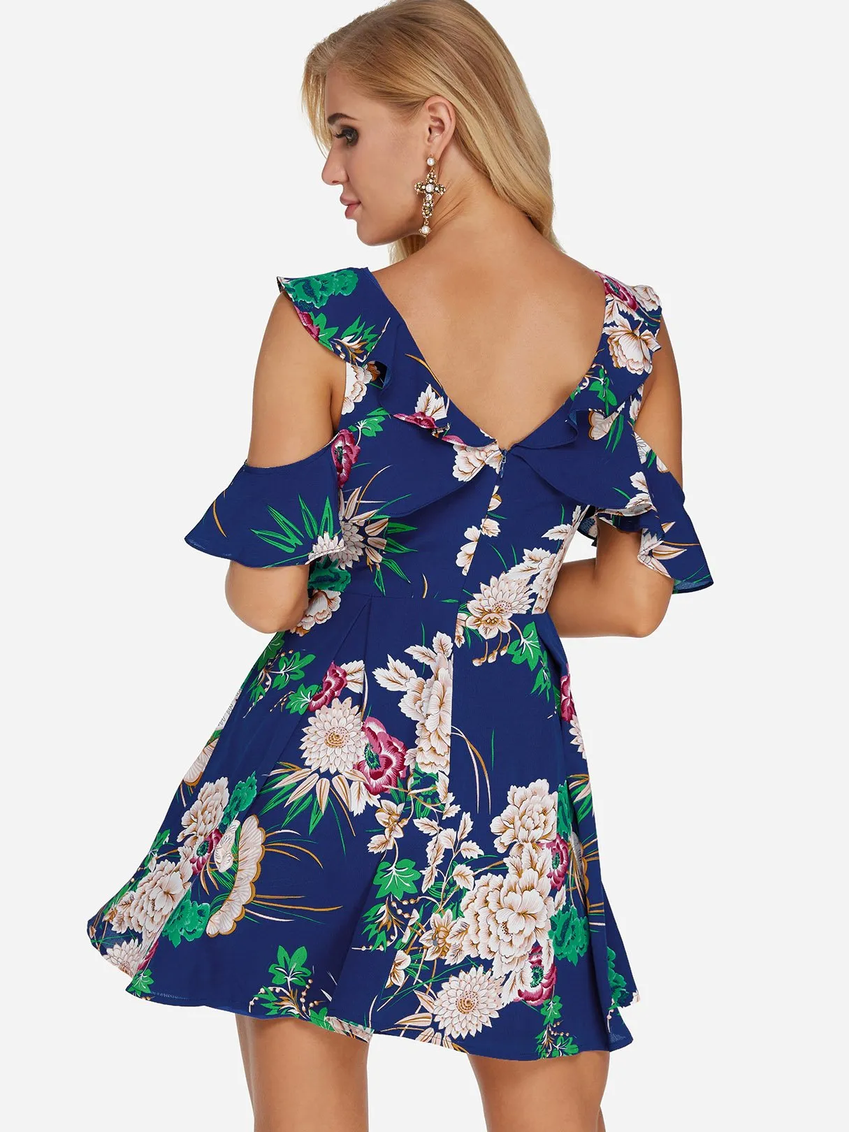 Wholesale Navy V-Neck Cold Shoulder Short Sleeve Floral Print Zip Back Backless Dresses
