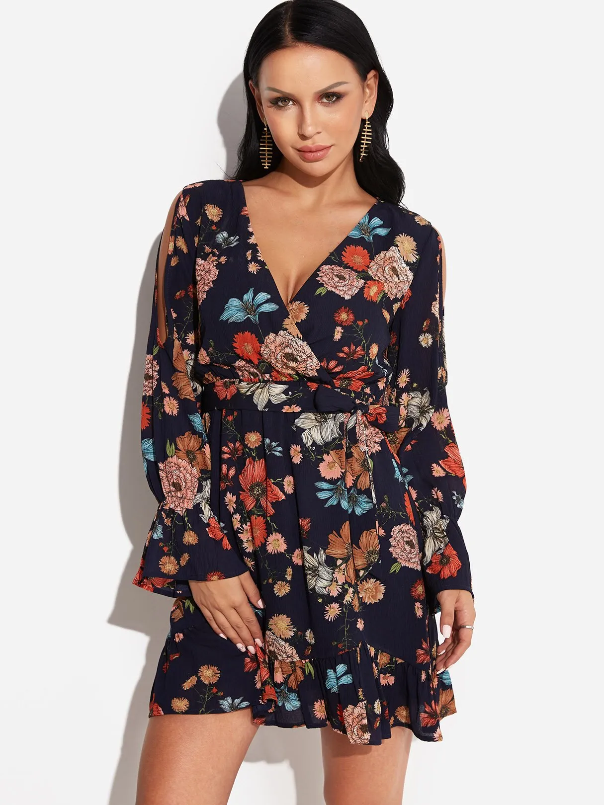 Wholesale Navy V-Neck Long Sleeve Floral Print Cut Out Wrap Dresses