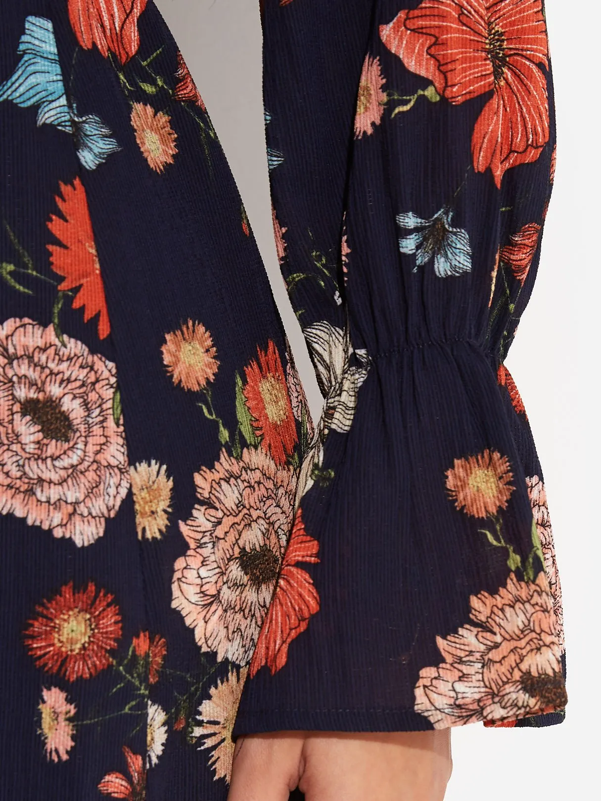 Wholesale Navy V-Neck Long Sleeve Floral Print Cut Out Wrap Dresses