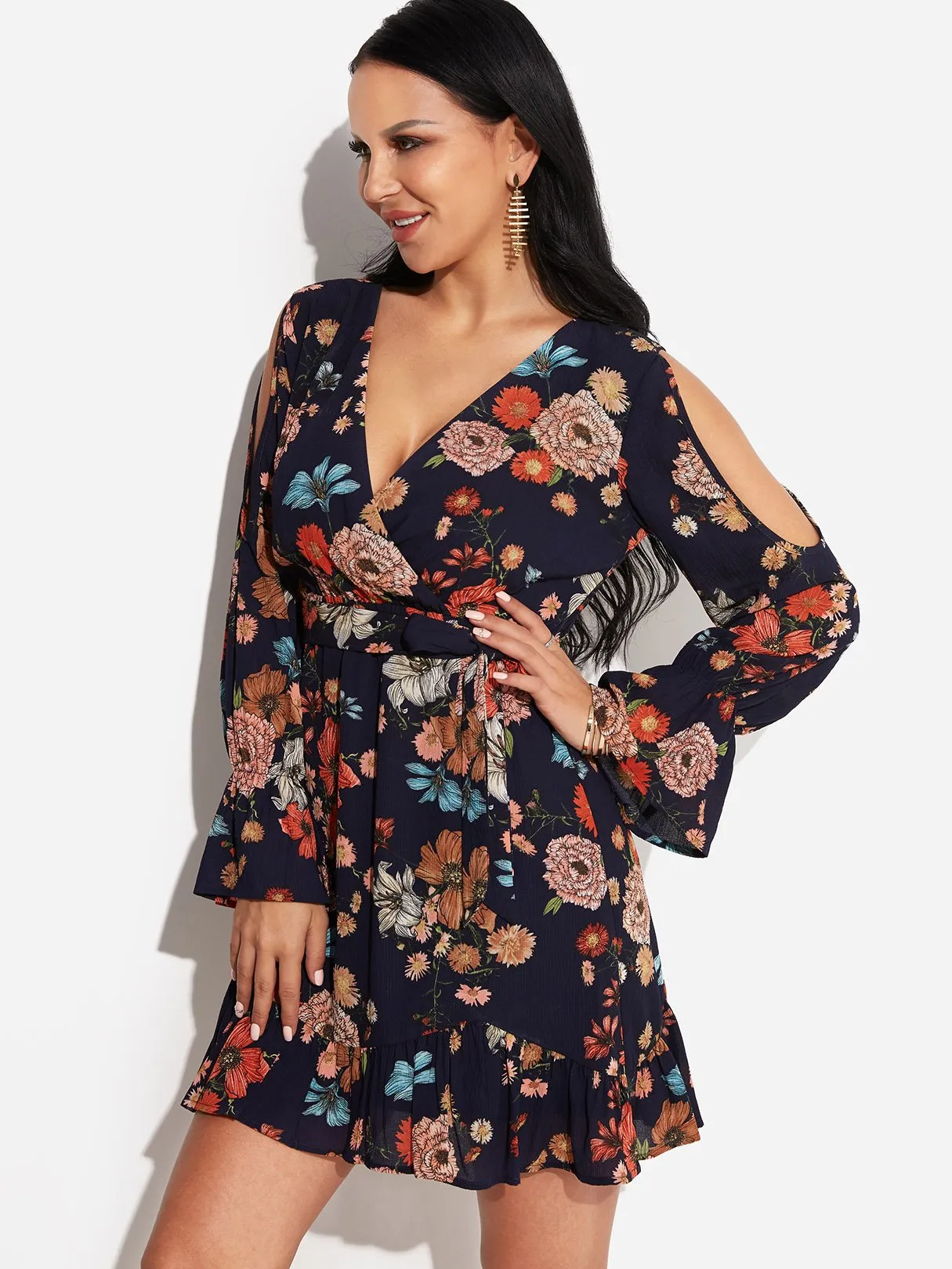 Wholesale Navy V-Neck Long Sleeve Floral Print Cut Out Wrap Dresses