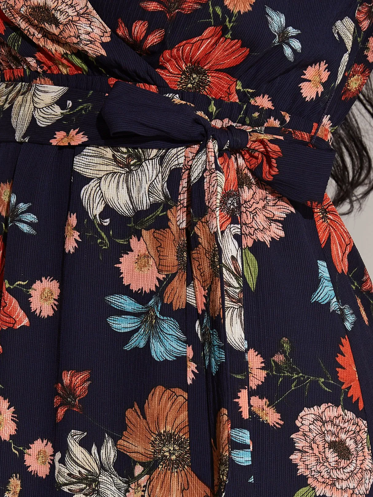 Wholesale Navy V-Neck Long Sleeve Floral Print Cut Out Wrap Dresses