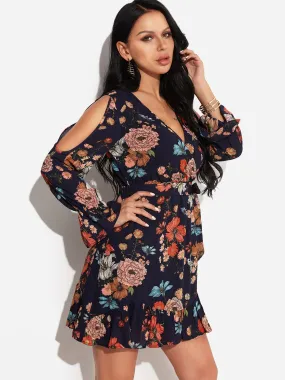 Wholesale Navy V-Neck Long Sleeve Floral Print Cut Out Wrap Dresses