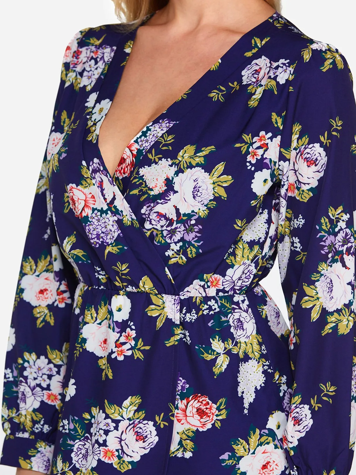 Wholesale Navy V-Neck Long Sleeve Floral Print Wrap Irregular Hem Dresses