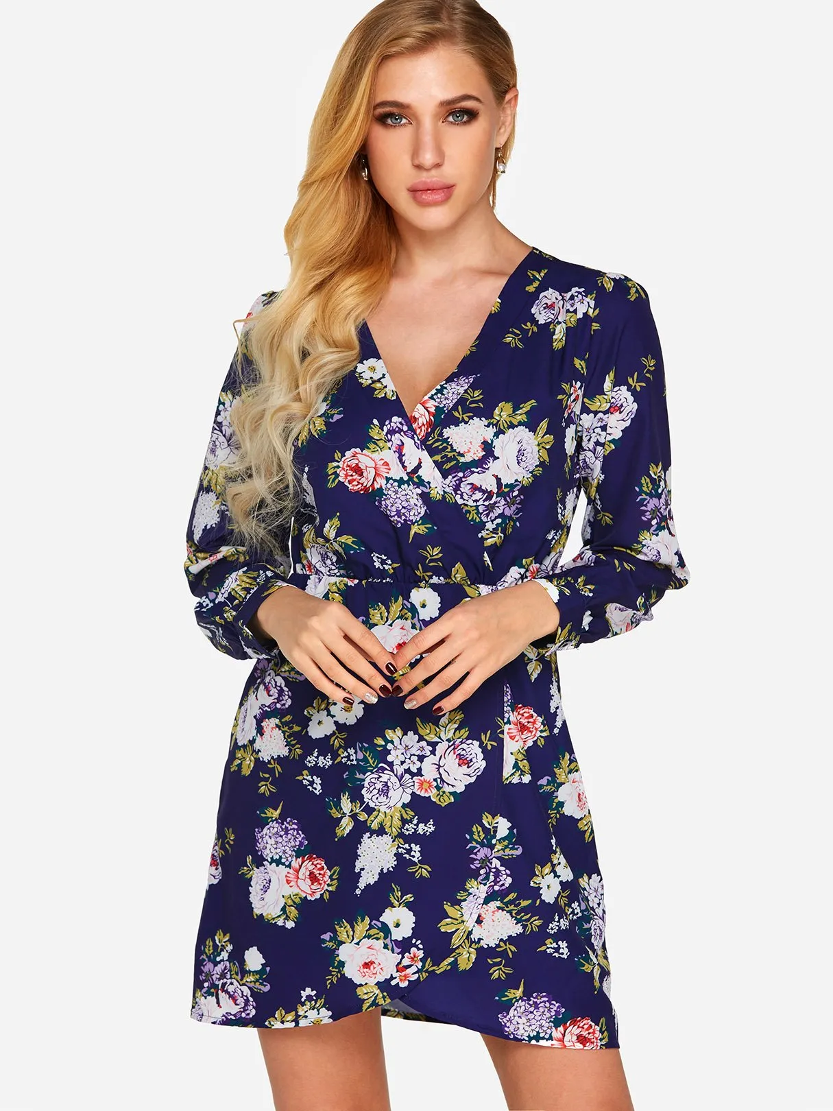 Wholesale Navy V-Neck Long Sleeve Floral Print Wrap Irregular Hem Dresses
