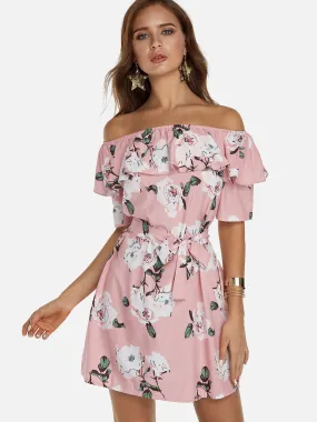 Wholesale Off The Shoulder Short Sleeve Floral Print Backless Self-Tie Flounced Hem Dresses