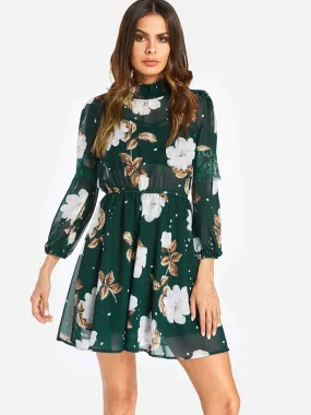 Wholesale Perkins Collar Floral Print Tiered Pleated See Through Long Sleeve Green Dresses