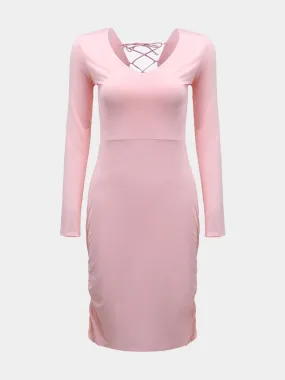 Wholesale Pink V-Neck Long Sleeve Plain Zip Back Hollow Lace-Up Pleated Midi Dress