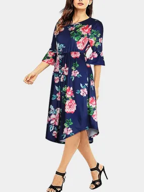 Wholesale Round Neck Half Sleeve Floral Print Curved Hem Dresses
