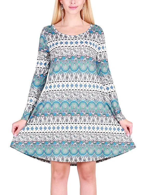 Wholesale Round Neck Long Sleeve Geometrical Casual Dresses