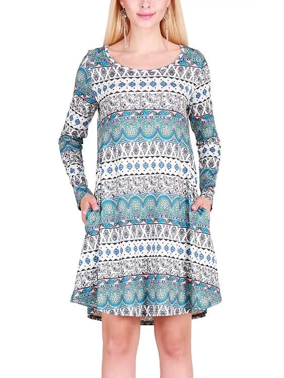 Wholesale Round Neck Long Sleeve Geometrical Casual Dresses