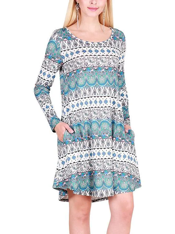 Wholesale Round Neck Long Sleeve Geometrical Casual Dresses