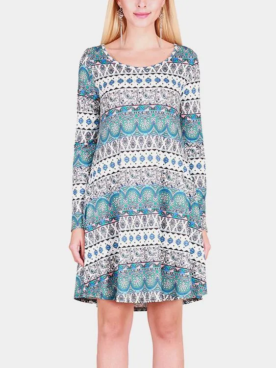 Wholesale Round Neck Long Sleeve Geometrical Casual Dresses