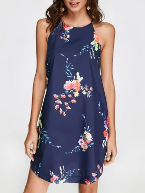 Wholesale Sleeveless Round Neck Floral Print Curved Hem Navy Dresses
