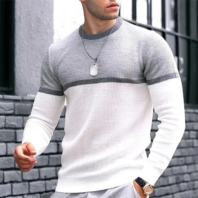 Wiaofellas Casual Patchwork Round Neck Knit Pullovers Fashion Man Clothing Slim Long Sleeve Jumper Knitwear Business Winter Men Sweaters