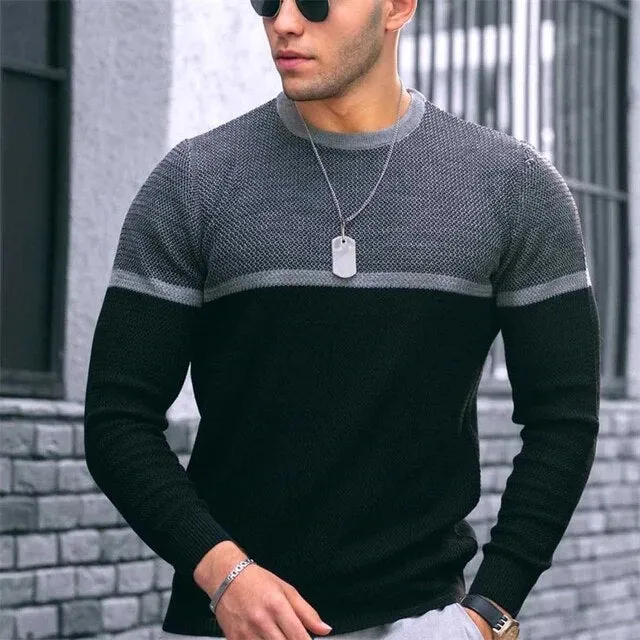 Wiaofellas Casual Patchwork Round Neck Knit Pullovers Fashion Man Clothing Slim Long Sleeve Jumper Knitwear Business Winter Men Sweaters