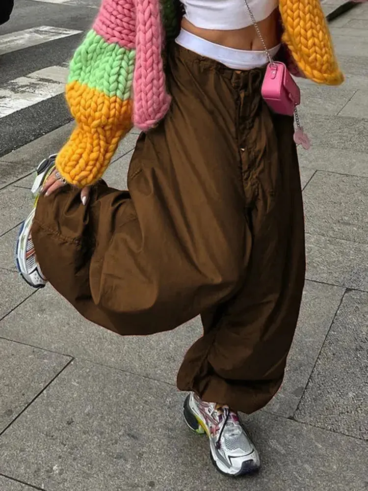 Wide Leg Drawstring Low Waist Streetwear Cargo Pants