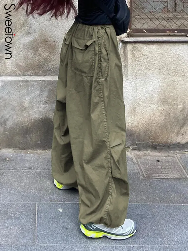 Wide Leg Drawstring Low Waist Streetwear Cargo Pants