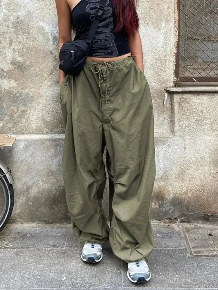 Wide Leg Drawstring Low Waist Streetwear Cargo Pants