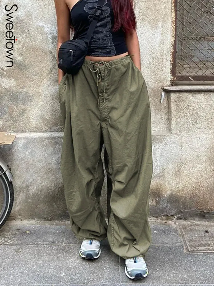 Wide Leg Drawstring Low Waist Streetwear Cargo Pants