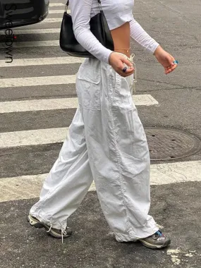 Wide Leg Drawstring Low Waist Streetwear Cargo Pants