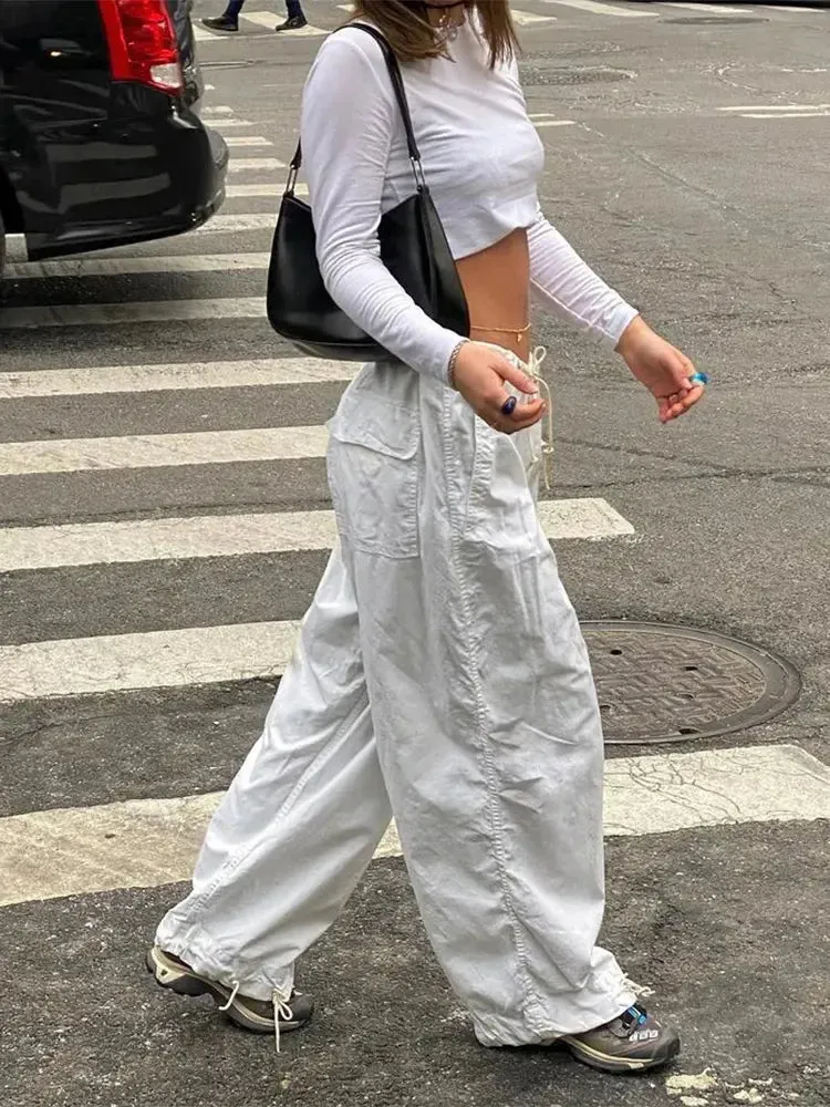 Wide Leg Drawstring Low Waist Streetwear Cargo Pants