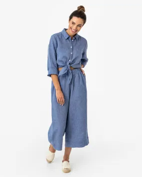 Wide leg linen culotte pants BRUNY in Denim chambray