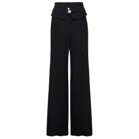 Wide Leg Wool Pants with Pearl - Black