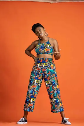 Wild Card Blue African Print Wide Leg Culottes