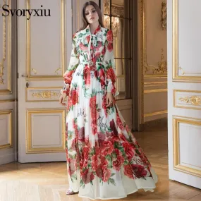 WILUXE  Dress Women's Elegant Beach Vacation Flower Printing Long Dress Bow Collar Floor-Length Party Dresses