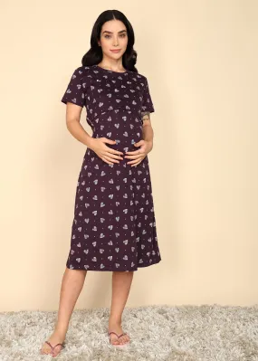 Wine Knitted Cotton Maternity Loungewear Dress