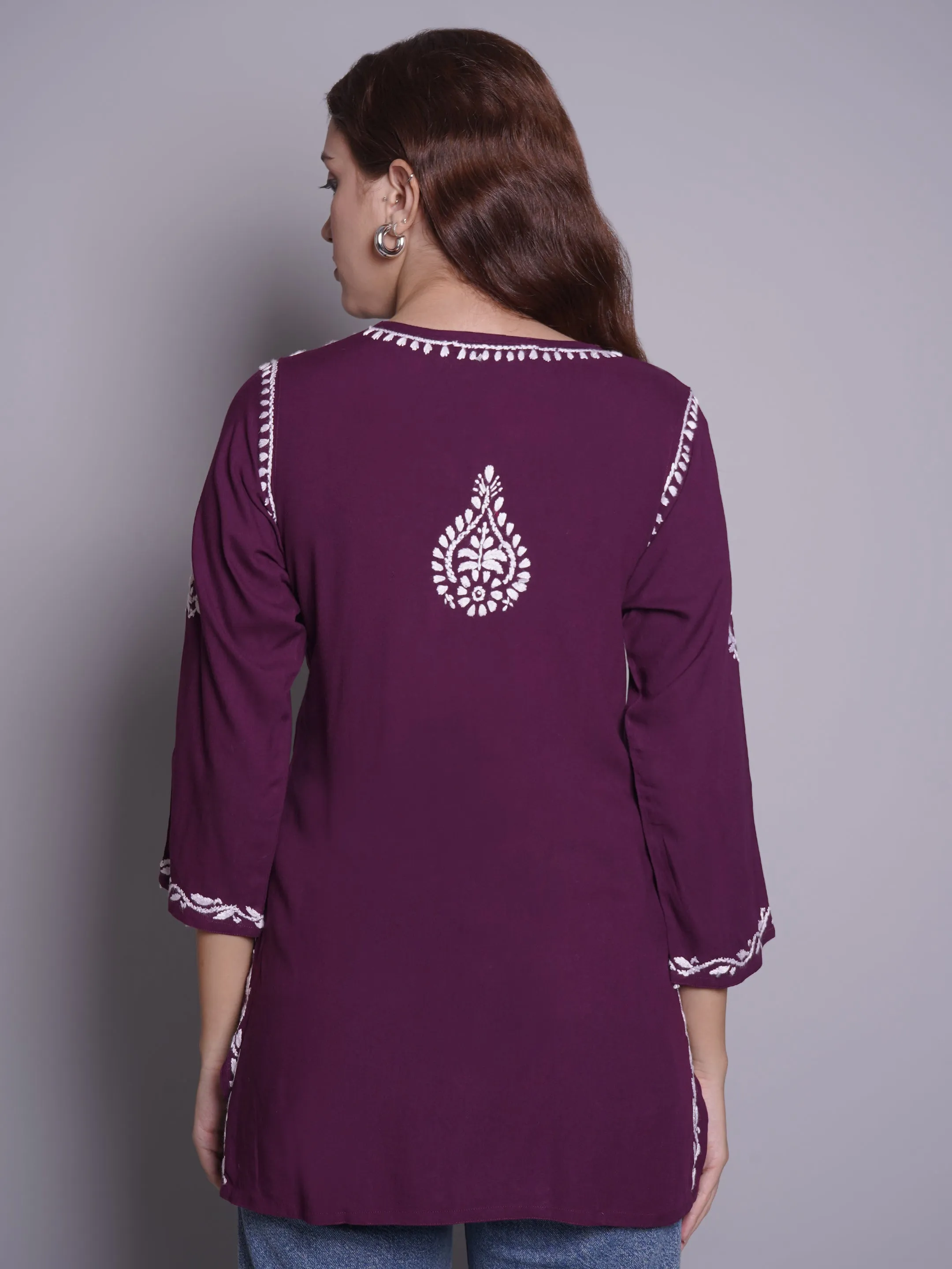 Wine Rayon Embroidered Chikankari Short Tunic