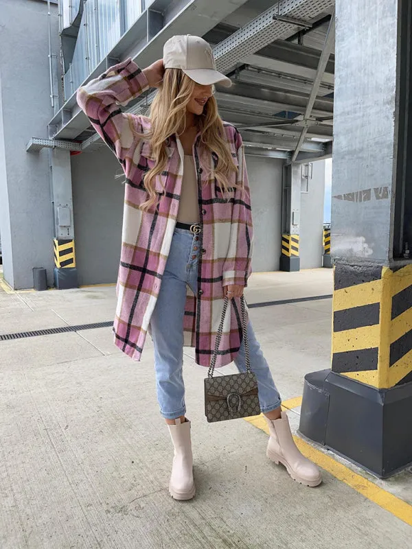 Winter Plaid Button-Up Collared Long Jacket
