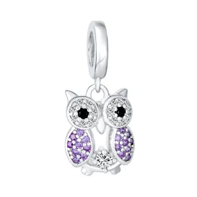 Wise Graduate Owl Bird Purple CZ Charm Bead for Students Sterling Silver Fits European Bracelet