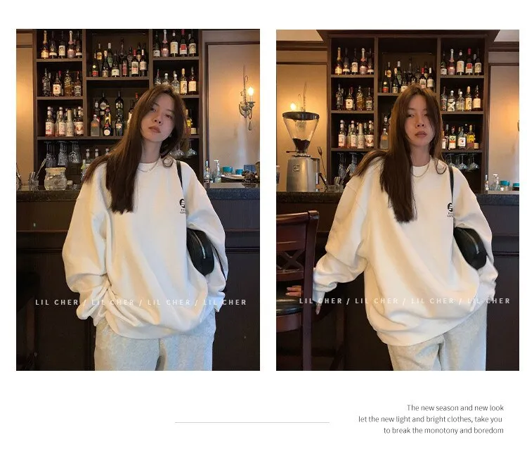 Wjczt Lazy Wind White Crew Baggy Sweatshirt Women Spring Autumn Fashion Letter Printing Vintage High Street Long Sleeves Pullover TOP