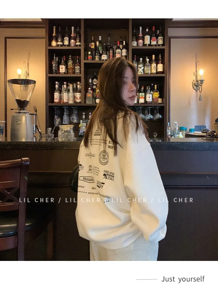 Wjczt Lazy Wind White Crew Baggy Sweatshirt Women Spring Autumn Fashion Letter Printing Vintage High Street Long Sleeves Pullover TOP