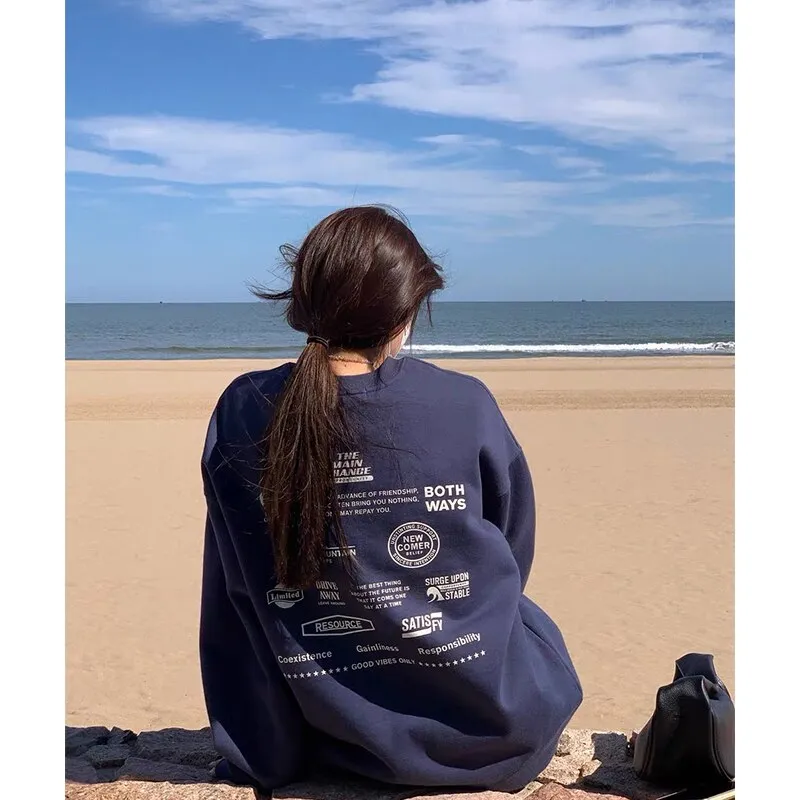 Wjczt Lazy Wind White Crew Baggy Sweatshirt Women Spring Autumn Fashion Letter Printing Vintage High Street Long Sleeves Pullover TOP