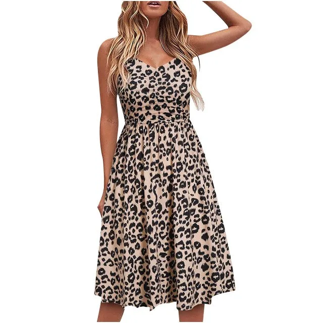 Wjczt Summer Casual Women&#39;s 2022 Sexy V-Neck Leopard Sling Dress Fashion Female Flower Print Beach Party Dresses Sleeveless Backless