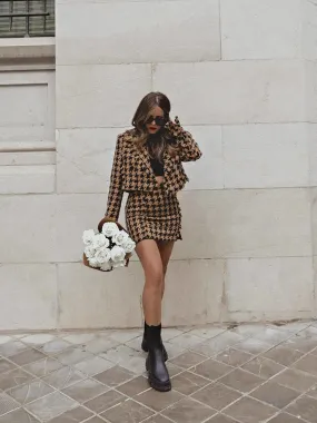 Wjczt Vintage Elegant Houndstooth Plaid Skirts Suits Women Fashion Cropped Texture Blazers Mini Skirts Ladies Outwear
