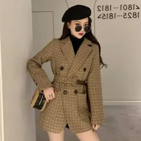 Wjczt Vintage Houndstooth Jacket Blazer Women Plaid Lady Suit Jacket with Belt Long Sleeve Female Tailored Coat Street Wear New