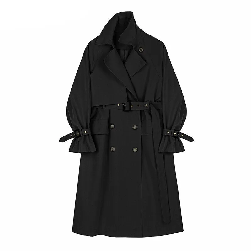 Wjczt Vintage Ladies Windbreaker Spring Turn-down Collar Long Sleeve Belted Double Breasted Loose Female Trench Coats 2022