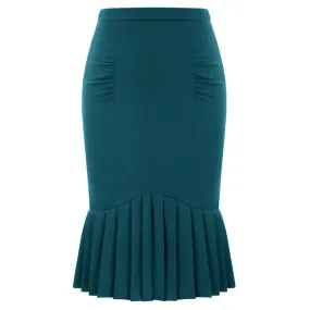 Wjczt Vintage Skirts Ladies Pleated Hem Bodycon Skirts Knee Length Solid Color High Waist Hips Wrapped Shirred Skirts Sexy
