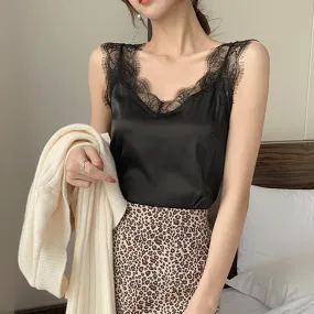 Wjczt Women&#39;s Satin Summer Tops For Women 2022 V Neck Basic Sleeveless Lace Tank Tops Women Summer Female Silk Top Plus Size White