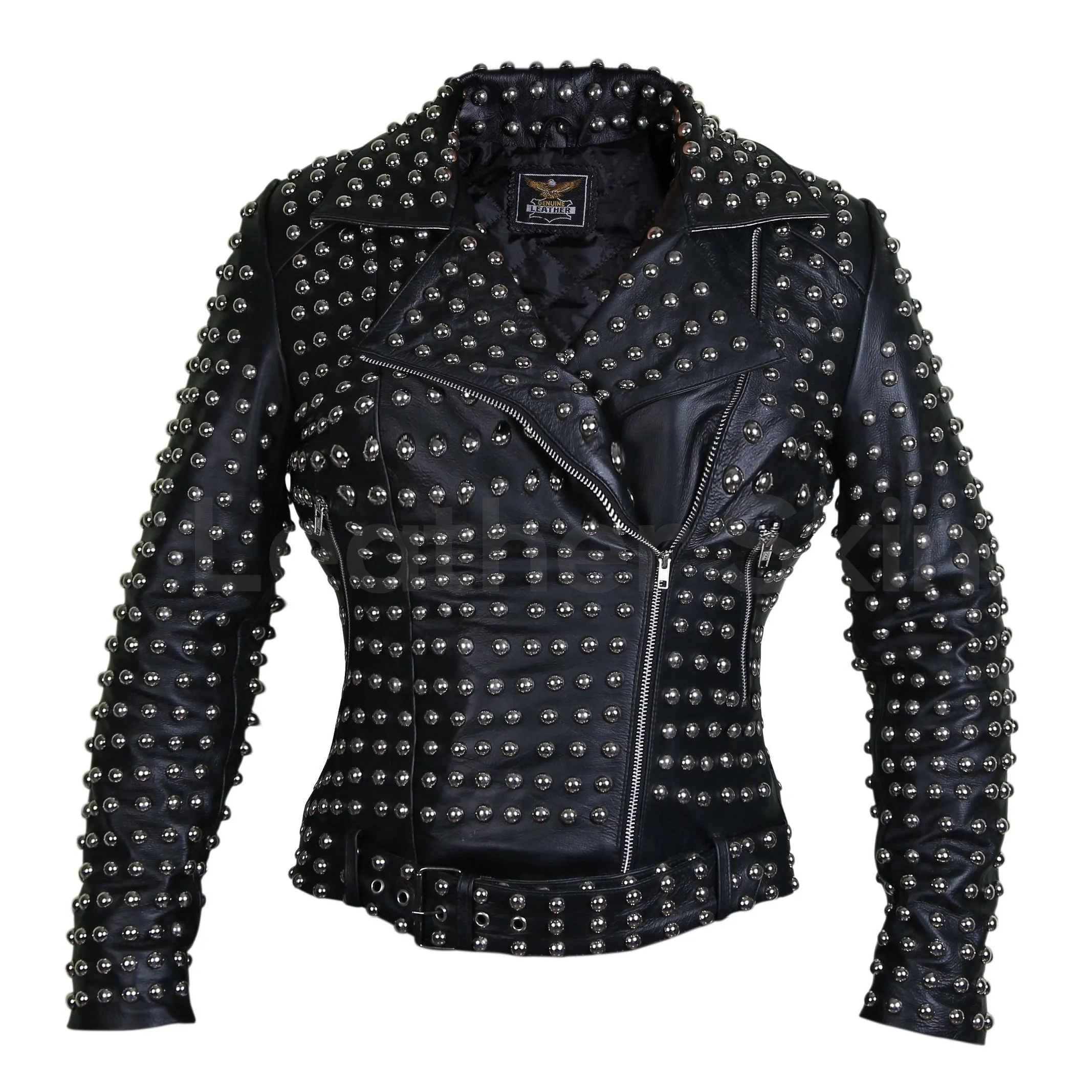 Women Black Brando Belted Round Cap Studded Leather Jacket