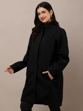 Women Black Polyester High-Neck Stylish Trench Coat