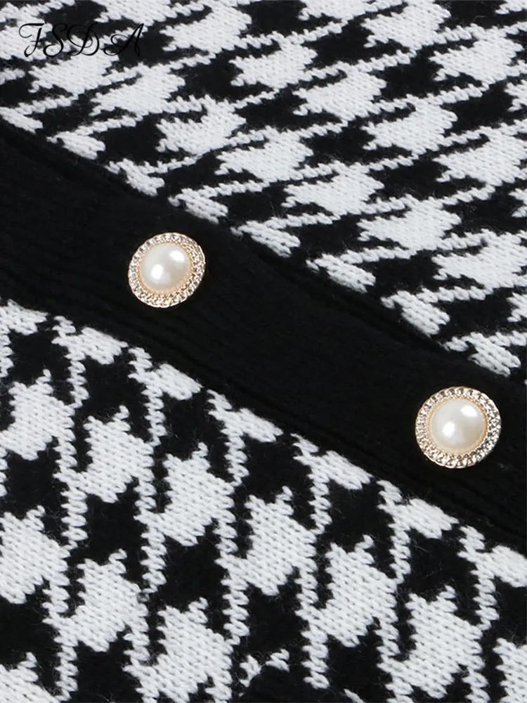 Women Button Black Houndstooth Cardigan