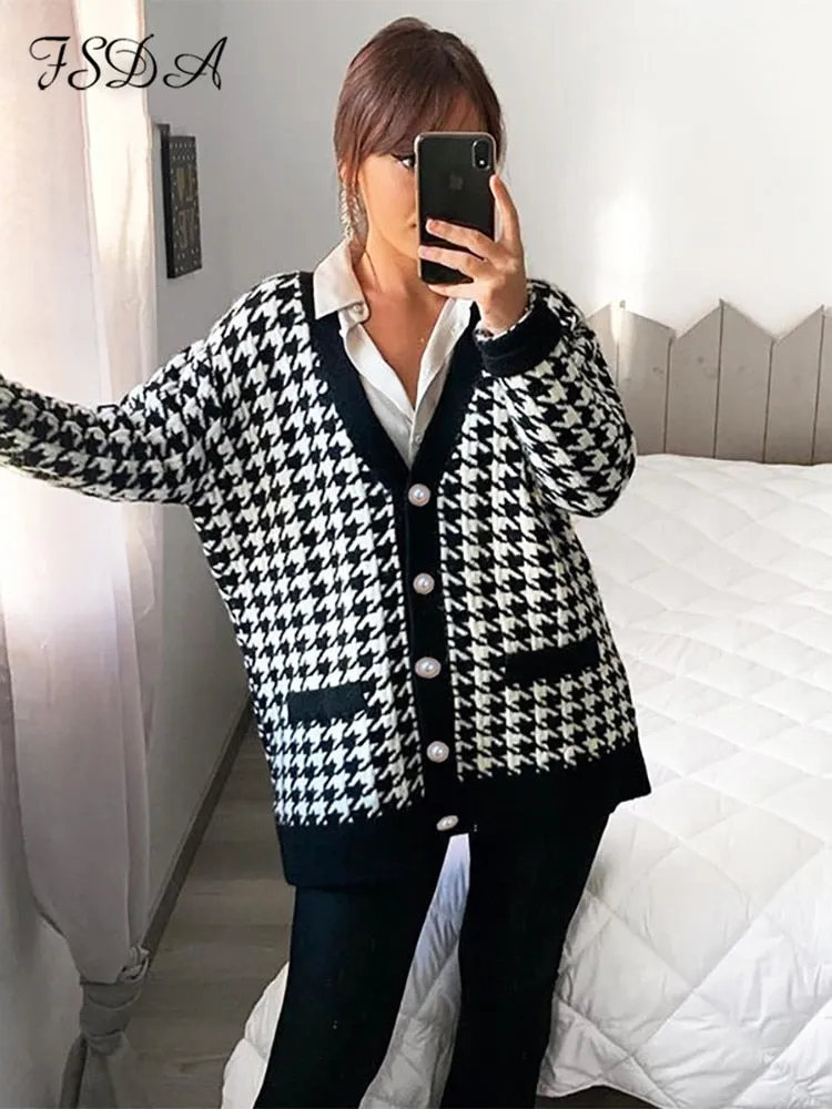 Women Button Black Houndstooth Cardigan