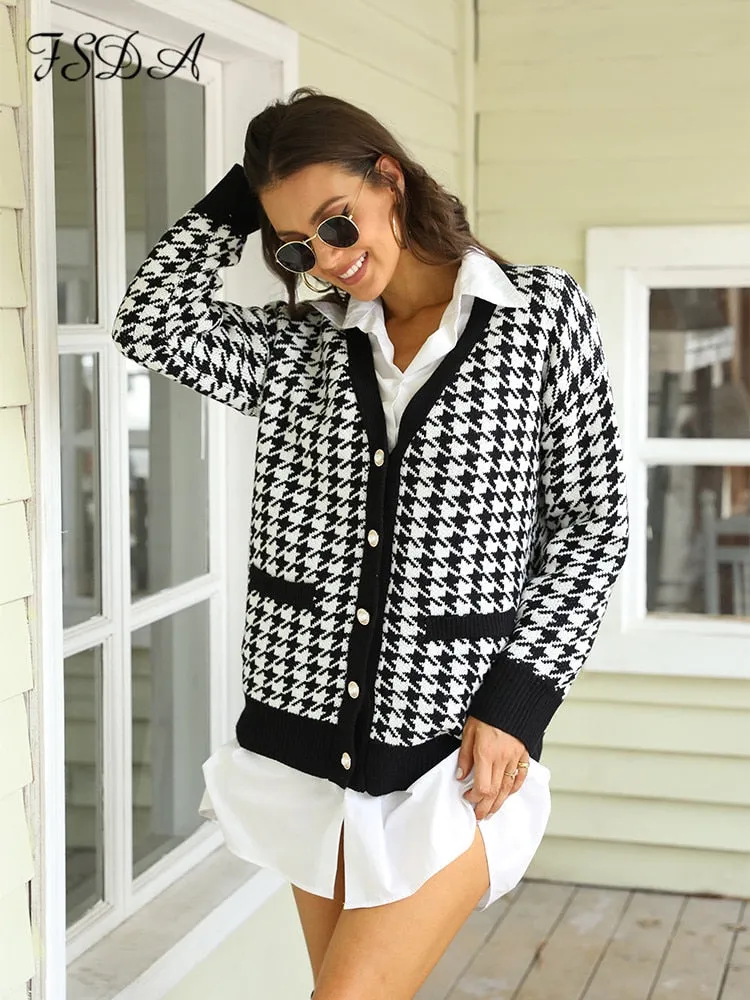 Women Button Black Houndstooth Cardigan